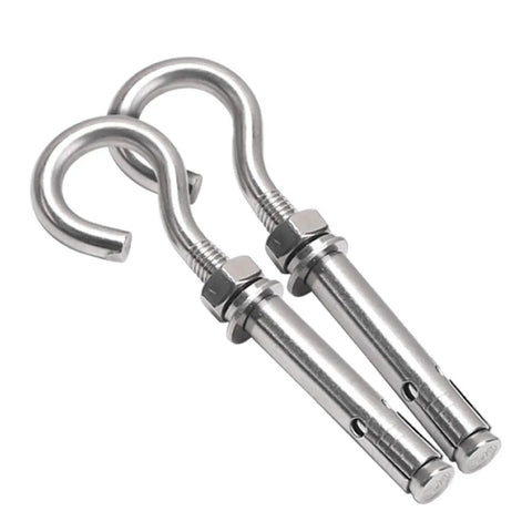 Expansion Screws Hooks Opening Hole M6 M8 In 316 Stainless Steel Eye Bolt Open Anchor Hook shown with hex nut and washer