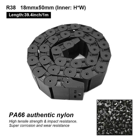 R38 18mm By 50mm Semi Enclosed Drag Chain Cable Carrier For CNC Machines, 1 Meter Length With End Connectors