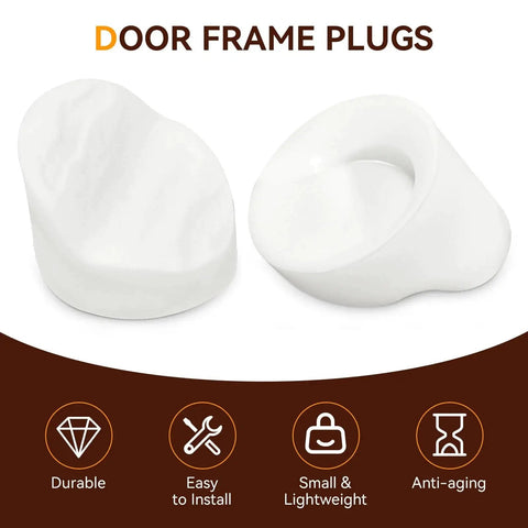 Close-up of white door frame plugs from 50Pcs Entry Door Plugs Set For Door Frames And Window Screw Holes White Diameter Five Sixteenths By One Quarter Inch Compatible With ODL And Western Reflection Frame Keeps Door Surfaces Clean And Neat
