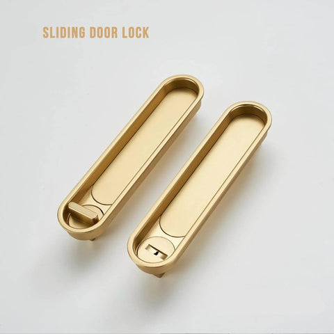 Pocket Door Lock Hardware With Pull Inconspicuous Sliding Door Handle Recessed Lock in gold zinc alloy, two units shown