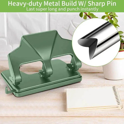 Heavy Duty Three Hole Punch For Binder With Large Chip Tray, 40 Sheet Capacity, Fifty Percent Less Effort Lever, Green Metal Design
