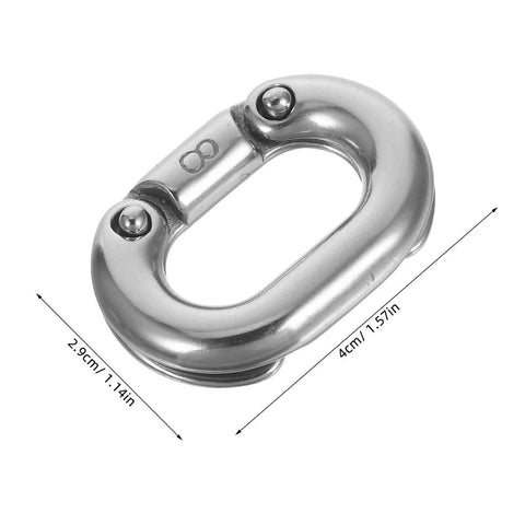 Front view of an 8mm stainless steel quick-link chain connector for marine rigging and anchor use.