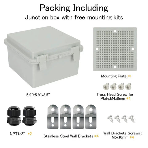 IP65 Waterproof Outdoor Junction Box With Hinged Lid, ABS Plastic Project Box, showing mounting plate and accessories