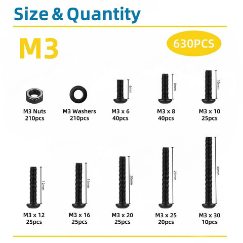 Chart displaying sizes and quantities of Massive M3 Screws And Nuts Assortment Kit With Washers And Wrench, 630 Pcs