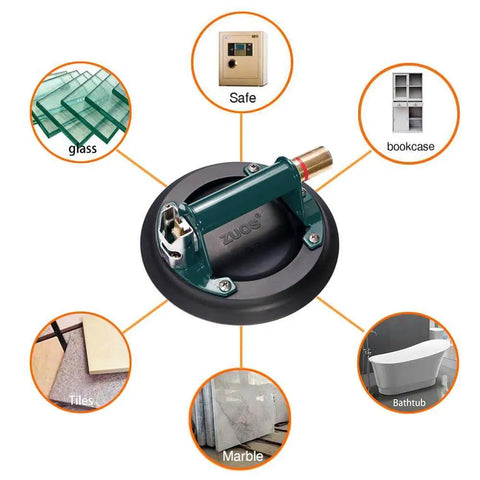 8 Inch Glass Vacuum Suction Cup With Metal Handle And Brass Pump, ideal for lifting glass, marble, tiles, safes, and bathtubs.