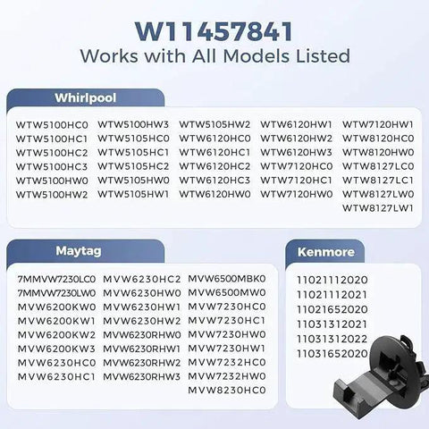 Washer lid strike, 2-pack W11457841; compatible with Whirlpool, Maytag, Kenmore; shows model lists and a latch photo.