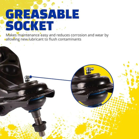 Front Upper Suspension Control Arm And Ball Joint Assembly For Chevrolet Silverado 2500 HD Beefed Up Heavy Duty Replacement With Preinstalled Boot Shield And Corrosion Protected Studs And E Coated Iron That Keeps Dirt And Water Out, showing greasable socket detail.