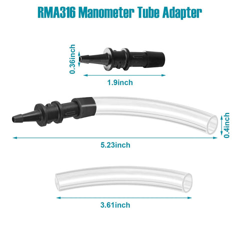 RMA316 manometer tube adapter, 2-piece set with 3/16 in to 5/16 in fittings and clear tubing