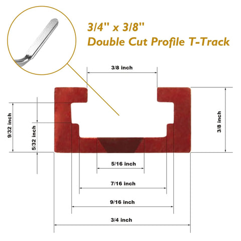 Diagram of a 3/4 x 3/8 inch Double Cut T-Track profile with measurements and detailed cutaway view