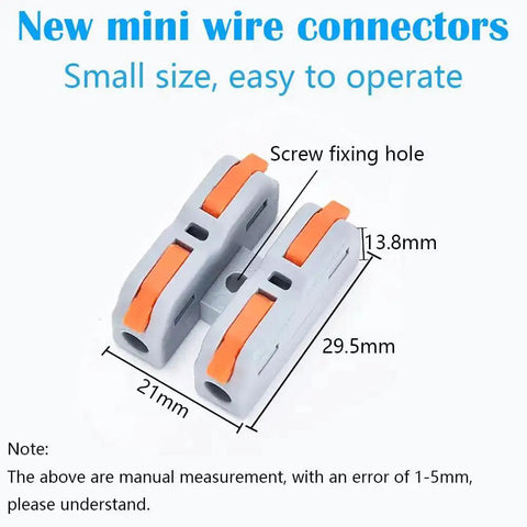 Mini Lever Nut Wire Connector Set SCH-2 With Plug-And-Play Quick Spring Terminal Blocks, dimensions shown, two connectors