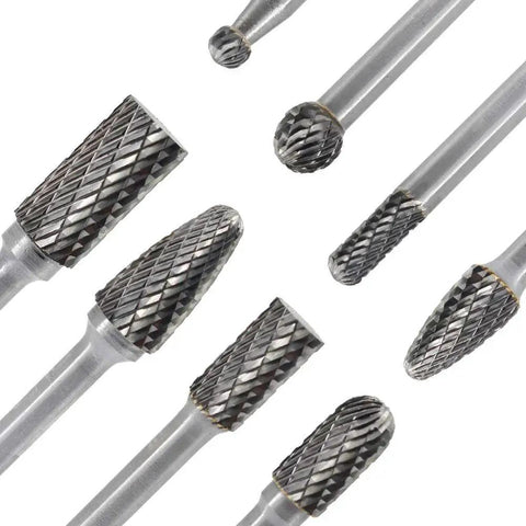Versatile 8-Piece Carbide Burr Set For Die Grinder With One Quarter Inch Shank Double Cut Bits For Woodworking Carving Engraving Polishing Grinding And Milling Pro-Grade Tungsten Carbide Tooling For DIY Projects shown in various shapes.