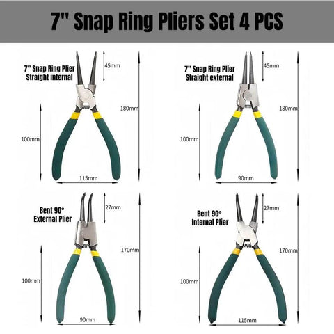 7 Inch Snap Ring Pliers Set For Internal And External Circlips With Straight And Bent Jaws 4 Piece Pro Grade Heavy Duty C Clamp Pliers And C Clip Removal Tool With Durable Storage Pouch, showing four pliers with measurement details
