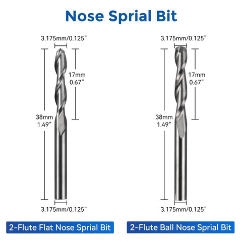 Diagram of 2-flute flat and ball nose spiral bits for Pro CNC Router Bit Set With ER11 And ER16 Collets Forty Piece One Eighth Inch Shank Two Flute Flat Nose And Ball Nose End Mills Nano Blue Coat And Titanium Coat Tungsten Carbide For Precise Milling And Long Lasting Durable Wood Aluminum And Plastic.