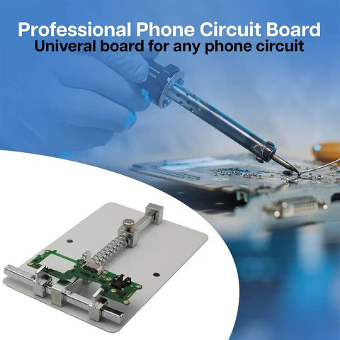 Universal PCB Holder And Jig Fixture Clamp For Soldering Desoldering And Quick Rework Stainless Steel Motherboard And Circuit Board Holder 12x8 cm showing a circuit board clamped for soldering.