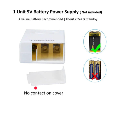 9V battery compartment of water leak alarm sensor kit for home basements and RVs with 120dB loud battery operated alarm
