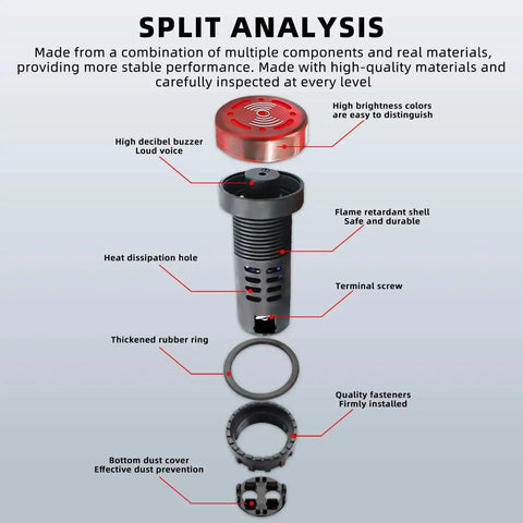 Split view of a 24V Red LED Flashing Buzzer Kit Ten Pack For Electrical Control Panels detailing components and material quality.