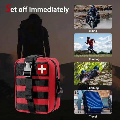 293 Piece First Aid Kit Set With MOLLE Pouches For Outdoor Activities And Travel In Red with usage examples of riding, running, climbing, travel.