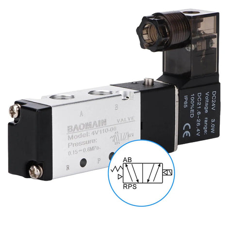 DIY Friendly 5 Way 2 Position Pneumatic Solenoid Valve With DC 24V Actuation, Model 4V110-06, showing ports and label.