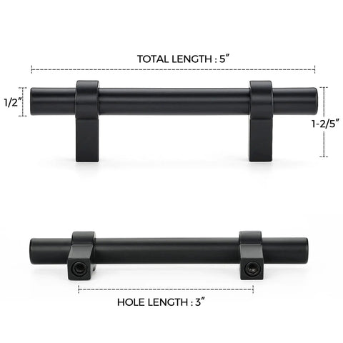 Matte Black 25 Pack Cabinet Handles 3 Inch Hole Centers 5 Inch Overall Length Square Base Drawer Pulls for kitchen cabinets.