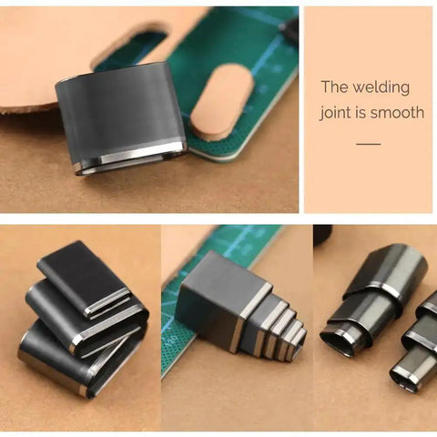 52 Shape Style Leather Hole Punch Tool Set With 52 Shapes showcased in various angles on a workbench