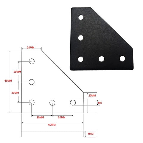Front view of 20x20mm Aluminum Extrusion Corner Bracket Kit L Shape 5 Hole Connector With 50 T Nuts 50 Screws And Wrench For 2020 Series