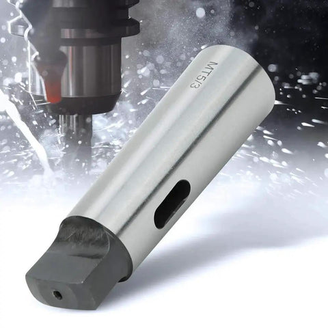 MT5 to MT3 Morse taper reduction sleeve, side view, silver metal adapter for drill presses and lathes
