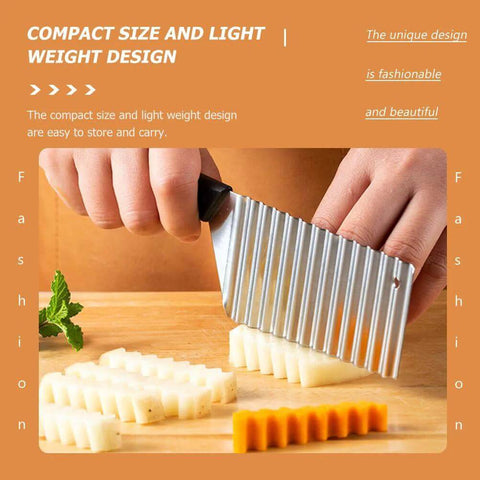 Crinkle Cut Fry Cutter Set Stainless Steel Wavy Blade 2 Piece Slicer slicing potatoes with non-slip handle.