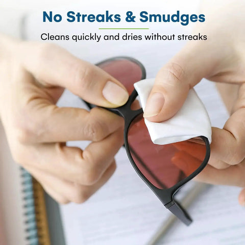 Person cleaning sunglasses with Individually Wrapped Lens Wipes 210 Count Glasses Sunglasses And Camera Lenses