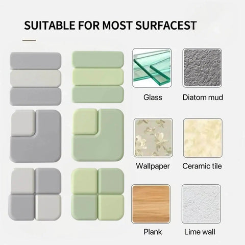 Door Stop Wall Protector Set Of 6 With 0.4 Inch Square Soft Rubber Bumpers displayed on various surfaces like glass and tile.