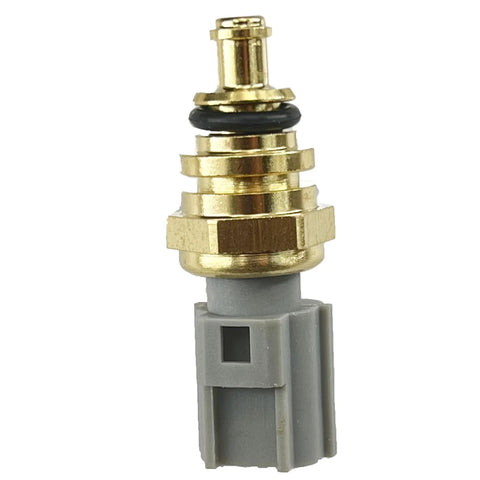 Engine coolant temperature sensor with brass threaded body, black O-ring, and gray plastic connector.