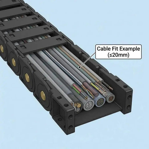 Cable Drag Chain 25x77mm Closed Type R55 For CNC Machines with cables, showing one direction bending radius and protective cover.