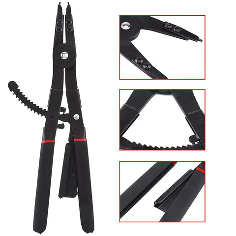 Heavy Duty 16 Inch Circlip Pliers Set 2 Pack Internal and External Snap Ring Pliers With 0 15 45 90 Degree Tips Heat Treated Steel Black Oxide Finish and PVC Handles for Quick Easy Snap Ring Installation and Removal, close-up view of pliers and tips.