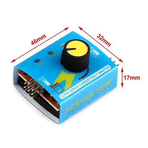 3 Channel RC Servo Tester And ESC Checker With Digital Multi-Mode Control Manual Speed Neutral Return And Auto Window Wiper Swing, blue box with knob and measurements