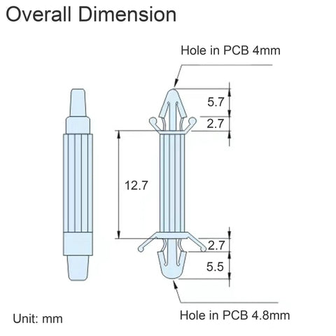 Diagram of Double Head PCB Spacer With Reverse Locking Aircraft Style Nylon Insulation Bracket for 12.7mm height with 4mm and 4.8mm hole fits.