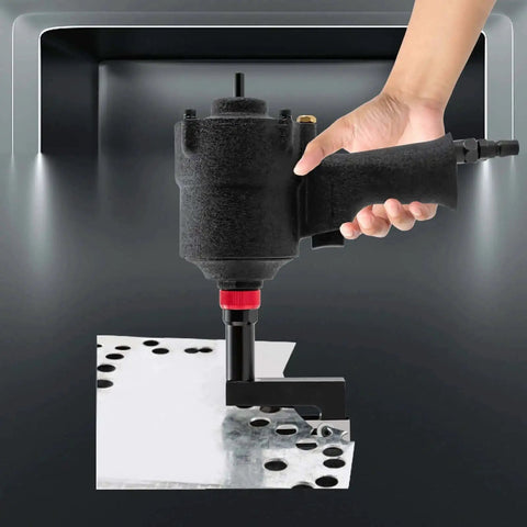 Pro Grade 8mm Pneumatic Hole Puncher in use on metal sheet, showing precise holes, air-powered for doors and windows, durable design