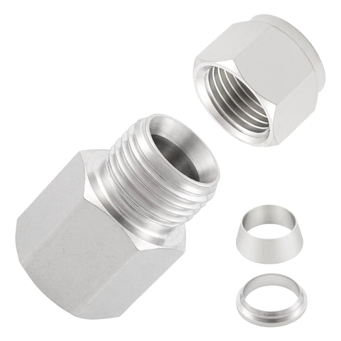 Two stainless steel 304 compression tube fittings with double ferrules, 1/4 in tube OD x 1/8 in NPT female, pack of 2