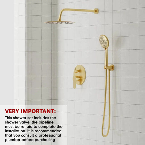 Brushed Gold Shower Head System From Gabrylly With 10 Inch Rainfall Head And 5 Setting Handheld Sprayer Solid Brass Pressure Balance Valve High Pressure Shower Fixtures For Consistent Temperature And Luxurious Shower Experience