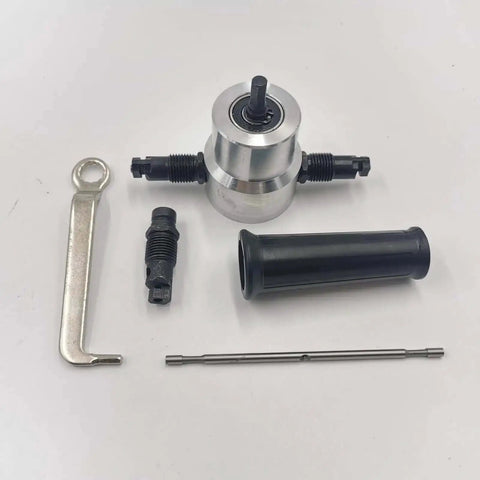 Double Head Metal Nibbler Cutter For Drill with 360 Degree Rotating Cutting Tool, cutter holder, and accessories for sheet metal cutting.