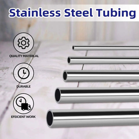 304 Stainless Steel Round Tube One Quarter Inch OD Weldable Pipe, 12 Inch Length, 4 Pack, displayed on wooden surface.
