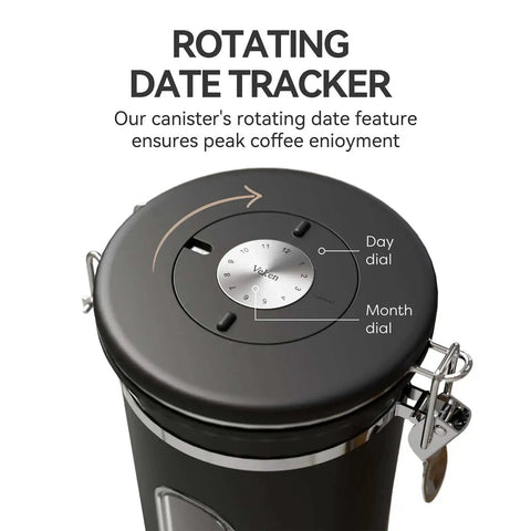 Airtight Stainless Steel Coffee Canister With Window 22 Oz featuring a rotating date tracker lid for freshness.