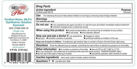 OSHA and ANSI Class B First Aid Kit Refill eyewash label with usage instructions and ingredients, 4 fl oz ophthalmic solution.