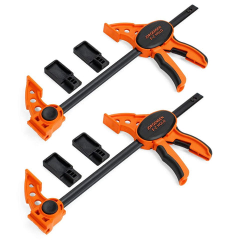 Jorgensen EZ Hold 12-inch ratchet bar clamps, orange/black, 2-pack with spreader adapters.
