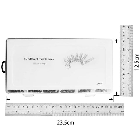 Creeya 225-piece compression spring set in a plastic storage case, 15 sizes (0.6/0.8/1.0 mm dia) for home repair.