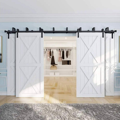Sixteen Foot Four Door Bypass Sliding Barn Door Hardware Kit With Double Track System Doors Not Included Requires At Least Nine Inch Ceiling Clearance Not For Drywall Without Studs Beefy Heavy Duty Build Easy Install installed in interior space