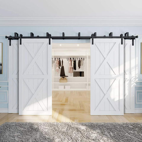 13 Ft Four Door Double Track Bypass Sliding Barn Door Hardware Kit With Four 6.5 Ft Rails, junction plates, spacers, rollers