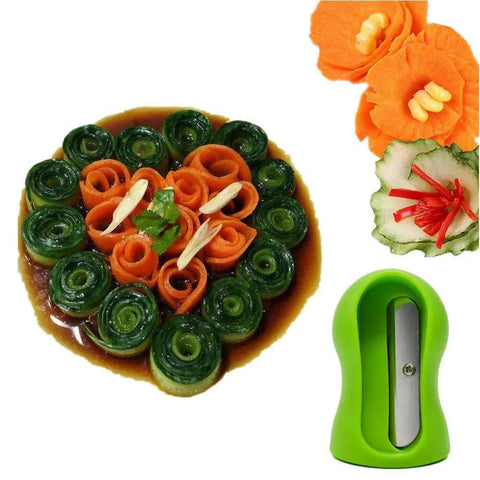 Carrot And Cucumber Spiral Cutter And Crinkle Slice Tool With Stainless Steel Blade Veggie Slicer And Peeler shown with vegetable dish