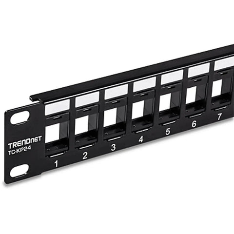 24-Port Blank Keystone 1U Patch Panel For Cat6 Jacks, 19-Inch Rackmount, Steel Black, front view of keystone slots