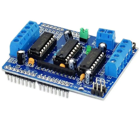 L293D Motor Drive Shield for Arduino and Raspberry Pi, blue board, multiple connectors, compatible with Duemilanove, 600mA per channel.