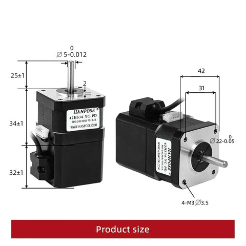 Front view: Hanpose 42HS34-YC-PD NEMA17 stepper motor, 12V, 4‑lead, 28 N·cm torque, silver faceplate.

Side view: Hanpose 42HS34-YC-PD NEMA17 stepper motor, black housing, mounting holes, exposed shaft.