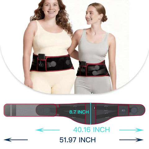 Two women wearing Cordless Heating Massage Belt With 3 Heat Settings And 5 Vibration Modes, showcasing size and fit details.